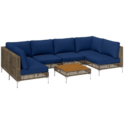 Outsunny 7 Piece Wicker Patio Furniture Set, Modular Outdoor Sectional Conversation Set with Thickened Cushions, Acacia Wood Table