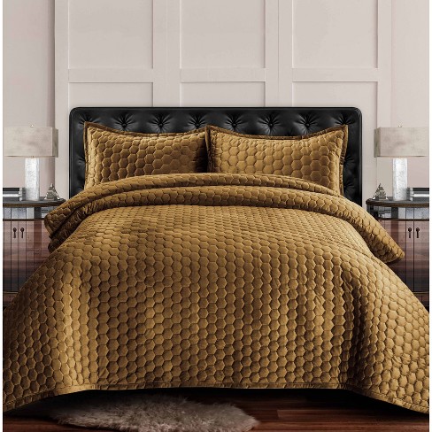 3pc King Lugano Honeycomb Velvet Oversized Solid Quilt Set Camel - Tribeca  Living : Target