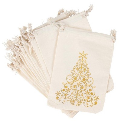 Party Favor Bags - 12-Pack Mini Canvas Christmas Gift Treats Pouches Party Supplies, Christmas Tree Gold Foil Glitter Design, 4x6"