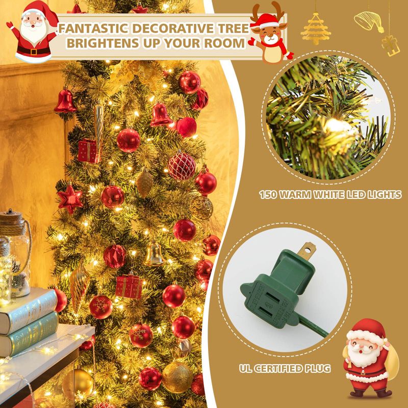 Tangkula 7FT Pre-lit Half-Shape Christmas Tree Artificial Xmas Tree w/ Pine Needles Seasonal Decor tree w/403 Branch Tips & 150 Warm White Lights, 5 of 11