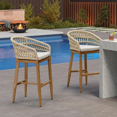 PURPLE LEAF Outdoor Rattan Bar Stools Set of 2 Modern Boho Aluminum Patio Bar Height Chair with Cushion for Garden Outdoor and Indoor