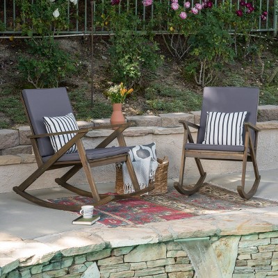 Gray Acacia Wood Outdoor Rocking Chair Set with Cushions
