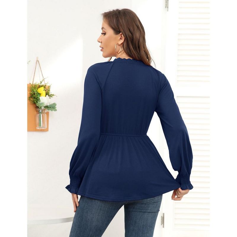 Women's Puff Long Sleeve Peplum Tunic Tops Lace Trim V Neck Ruffle flowy Shirt, 5 of 8
