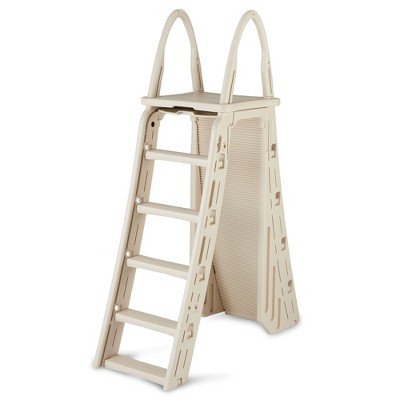 Confer Plastics 7200 A-Frame Safety Adjustable 48 to 56 Inch Above Ground Swimming Pool Ladder Entry System with Lockable Roll Guards, Beige