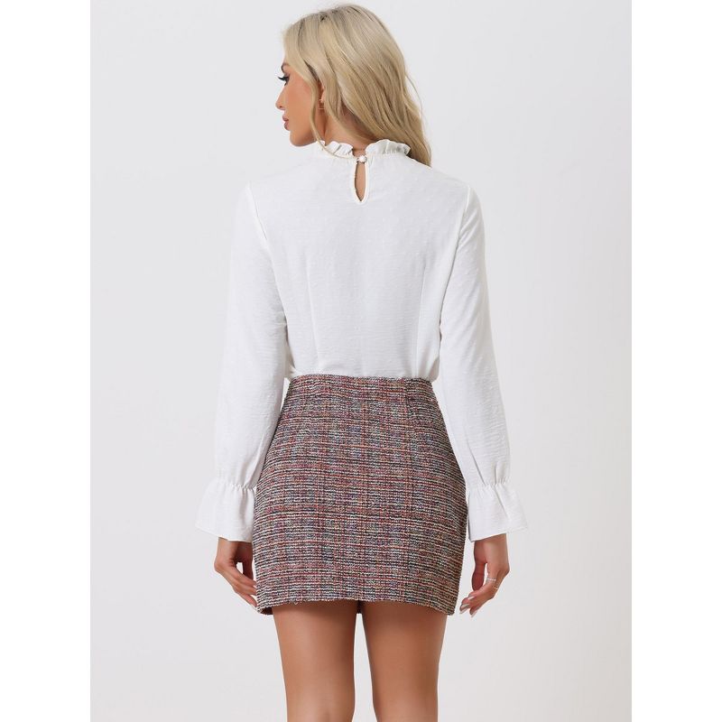 Allegra K Women's Plaid High Elastic Waist Button Decor Above Knee Length Mini Tweed Skirt, 4 of 6
