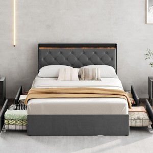 GustoWave Upholstered Bed Frame with Storage Drawers, Velvet Bed with Headboard Shelf, Metal Slats Support, No Box Spring Needed - 1 of 4