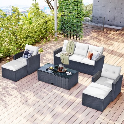 FURNIinspire Patio Seating Sets 6-Pieces Wicker Sofa Set, Patio Outdoor Dining Conversation Sectional Set With Coffee Table, Beige, 69“*24”*31“