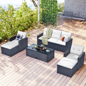 FURNIinspire Patio Seating Sets 6-Pieces Wicker Sofa Set, Patio Outdoor Dining Conversation Sectional Set With Coffee Table, Beige, 69“*24”*31“ - 1 of 4