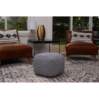 Gray Hand-Knitted Cotton Square Pouf Ottoman