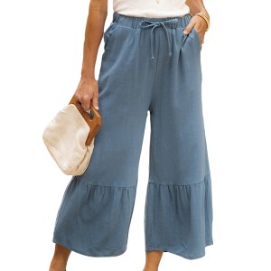 Amaryllis Women's Flowy Tiered Pants High-Waisted Drawstring Wide-Leg Relaxed Fit Casual Boho Style - 1 of 4