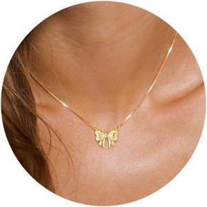 Gold Bow Pendant Necklace for Women, 14K Gold Plated CZ Bead Choker Christmas Gift - 1 of 4
