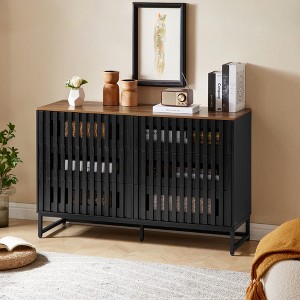 SKRAN 6 Drawer Double Dresser, Farmhouse Storage Cabinet, with Slatted Grille Striped Drawer and Metal Leg for Living Room, Entryway - Black - 1 of 4