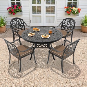 5-Piece Cast Aluminum Outdoor Dining Set: Round Table, Stackable Chairs & Brown Cushions - All-Weather Patio Furniture for Your Backyard - 1 of 4