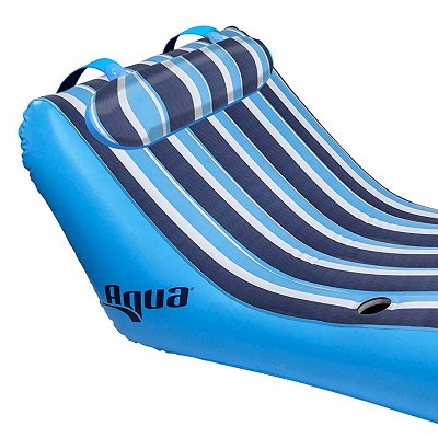 Blue Striped Inflatable Pool Lounger with Pillow Headrest