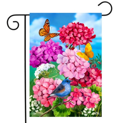 Spring Garden Flag with Geraniums, Birds, and Butterflies