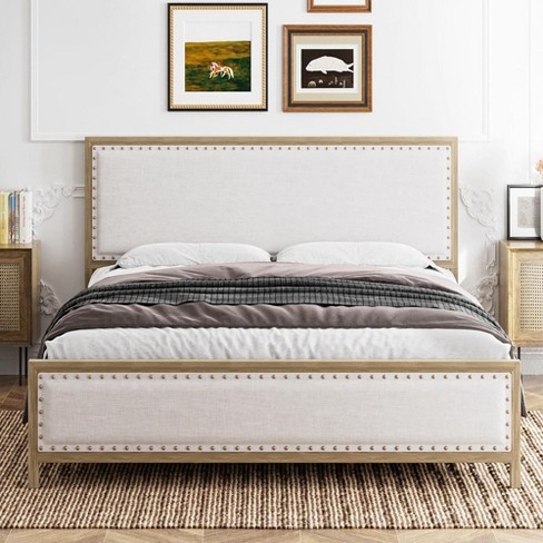 Vintage Wood Grain Metal Platform Bed Frame With Linen Headboard And ...