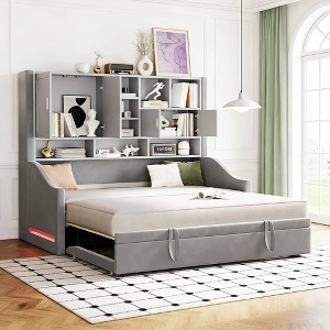 Luxystar Twin Size Upholstered Daybed with Storage Shelves, Cabinets, LED Lights and Pull-Out Lift-Up Trundle - 1 of 4