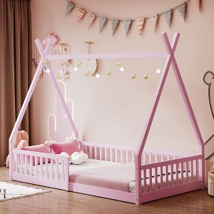 CAVINAS Twin Size Pine Wood Tent Bed Frame with Fence for Boys Girls,Montessori Style Floor Bed for Kids Room,Bedroom - 1 of 4