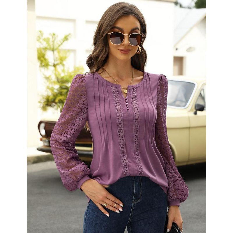 Women’s Crewneck Lace Crochet Eyelet Tops Long Sleeve Pleated T Shirts Casual Tunic Blouses, 3 of 7