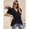 Peplum Tops for Women Dressy Sexy Deep V Neck Belted Tie Blouses Empire Waist Wrap Blouse Short Puff Sleeve - 2 of 4