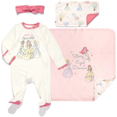 Disney Princess Ariel Belle Cinderella Tiana Baby Girls 4 Piece Outfit Set: Sleep N' Play Coverall Headband Burp Cloth Blanket White/Pink 