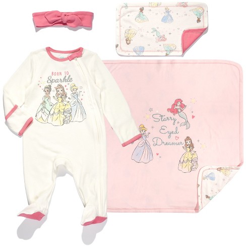 Disney Princess Belle Tiana Cinderella Newborn Baby Girls Zip Up Sleep N Play Headband Burp Cloth And Blanket 4 Piece Set 0 6 Months Target