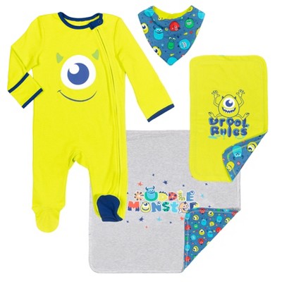 Disney Pixar Monsters Inc. Mike 4 Piece Outfit Set: Sleep N' Play Coverall Bib Blanket Burp Cloth 