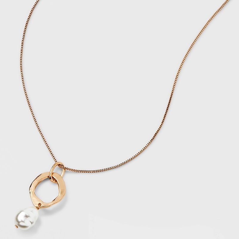 Hammered Ring and Pearl Drop Pendant Necklace - A New Day&#8482; Gold, 6 of 7