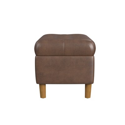 Brown Faux Leather Tufted Storage Bench with Oak Legs