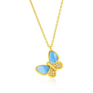 Caribbean Treasures Sterling Silver, Larimar & CZ Butterfly Necklace - Gold Plated - Blue - 16+2 Inch - 1 of 2