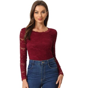 Allegra K Women's Slim Fit Sheer-Long-Sleeves Flower Embroidery Lace Top - 1 of 4