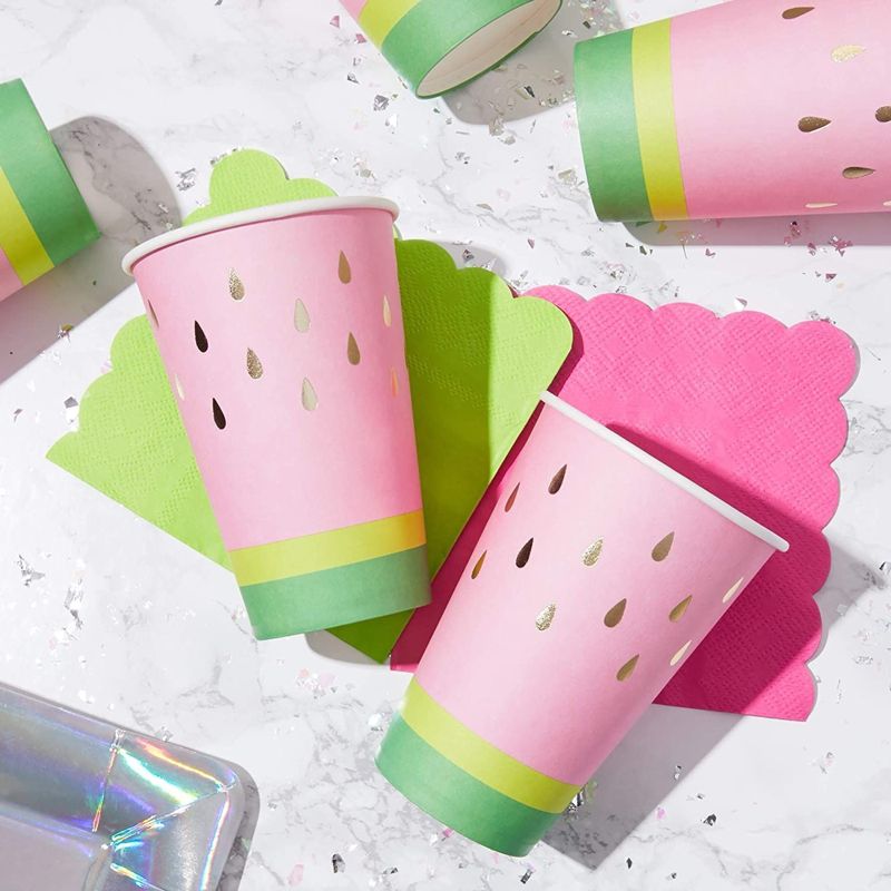 Blue Panda 50 Pack Watermelon Paper Cups with Gold Foil for Summer Party Supplies (12 oz), 2 of 5