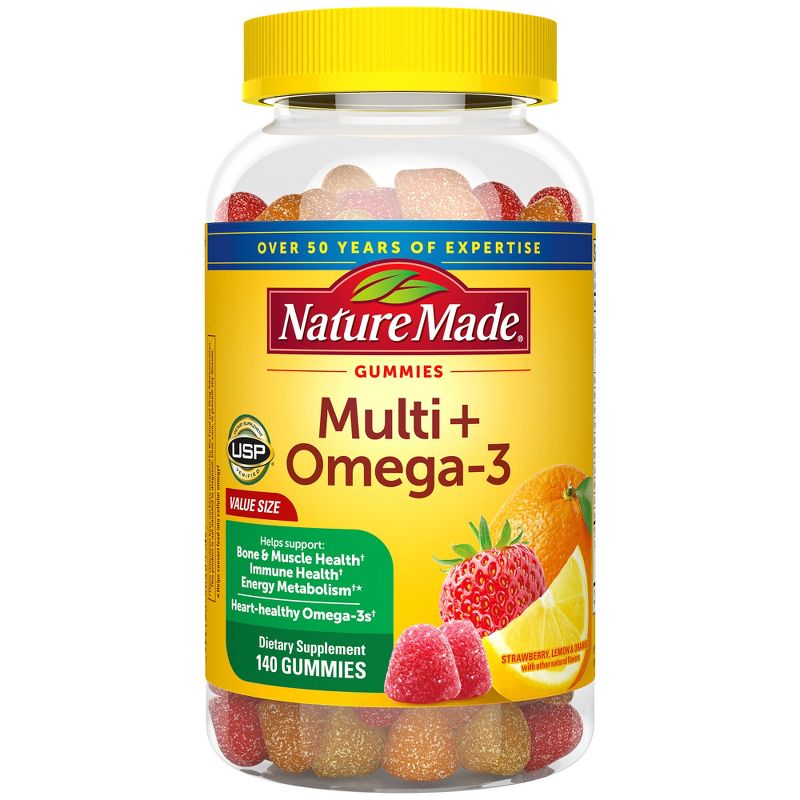 Nature Made Multi Plus Omega 3 Multivitamin Gummies  - Strawberry, Lemon &#38; Orange - 140ct, 1 of 10