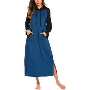 Ekouaer Nightgowns for Women Cotton Nightgown Long Sleeve Hooded Night Gown Contrast Color Full Length Loungewear with Pocket - 1 of 4