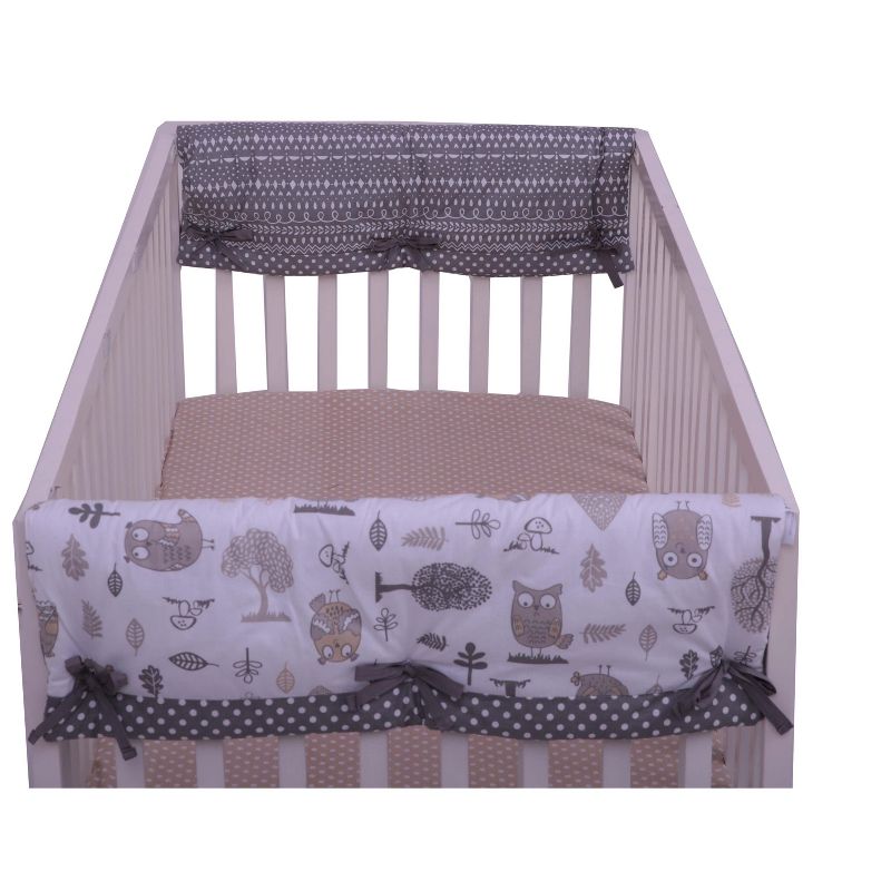 Bacati - Owls Gray/Beige Neutral Cotton Crib Rail Guard Covers set of 2 Small Side, 1 of 7