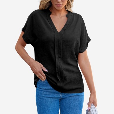 Amaryllis Women’s Textured Short Sleeve V Neck Blouse with Cuffed Sleeves Relaxed Fit Pull-On Style