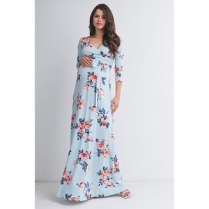 Hello Miz Maternity Floral Nursing Wrap 3/4 Sleeve V-Neck Maxi Dress - Sky Blue