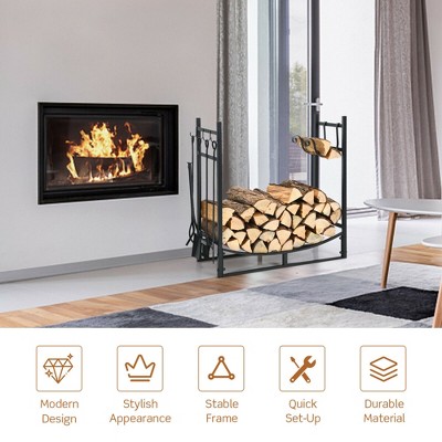 Black Steel Firewood Rack with 4-Piece Tool Set and Kindling Holders