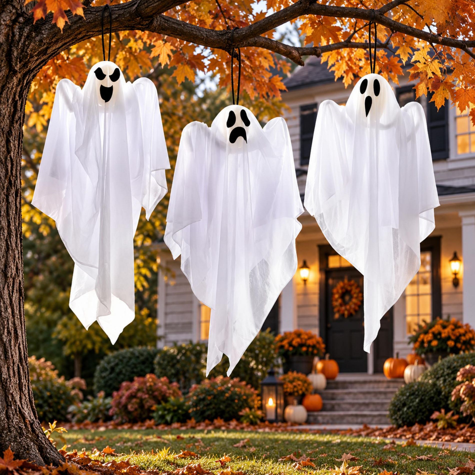 3pc 27.5" Hanging Ghost Halloween Decorations, White Flying Ghosts with Bendable Arms for Indoor Outdoor Yard Porch Tree Decor