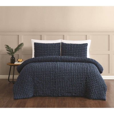 Full Blue Microfiber Textured Puff Bedspread Set