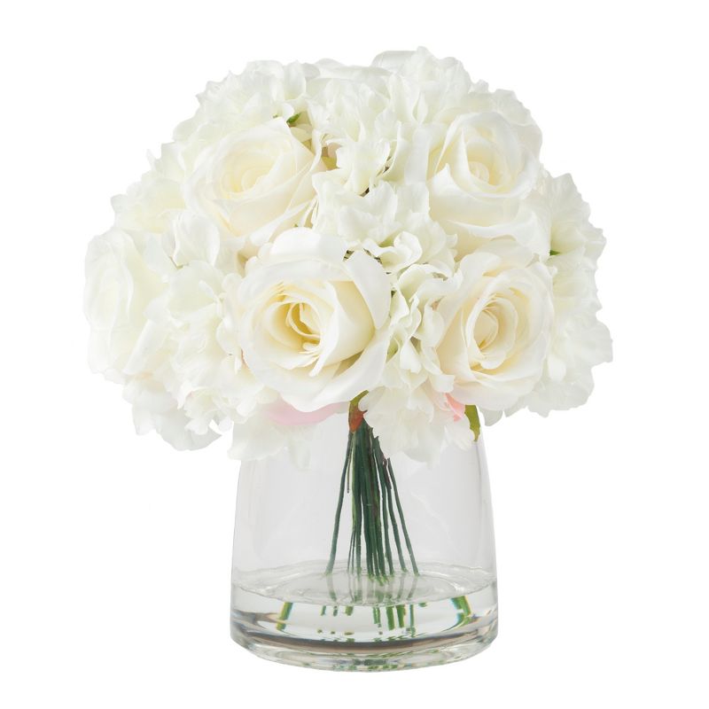 Floral Arrangement with Vase - Realistic Accent with 10 Hydrangeas and 11 Roses in Clear Glass Container with Faux Water by Pure Garden (Cream), 1 of 6