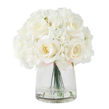 Floral Arrangement with Vase - Realistic Accent with 10 Hydrangeas and 11 Roses in Clear Glass Container with Faux Water by Pure Garden (Cream)