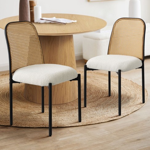 Rattan White Boucle Dining Chairs Set Of 2 Cane Dining Chair Set Of 2 Upholstered Boucle Dining Chair With Rattan Back Cane Dining Chair Maison Boucle