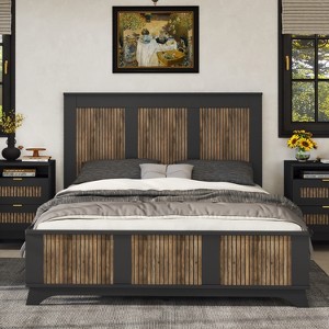 TiramisuBest Farmhouse Wooden Platform Queen Size Bed, Modern Platform Bed with Wooden Strip Stickers Decoration, Plywood Slats Support, Black - 1 of 4