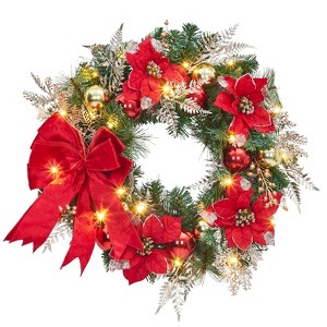 24" Christmas Wreath for Front Door,  Artificial Holiday Wreath with Red Flowers, Ribbon, Berries & Ornaments - 1 of 4