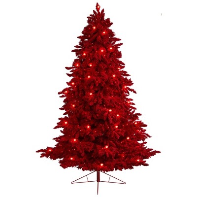 Nearly Natural 8-ft Red Flocked Fraser Fir Artificial Christmas Tree ...