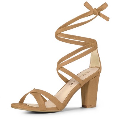 Allegra K Women's Open Toe Lace Up Strap High Block Heel Ankle Sandals