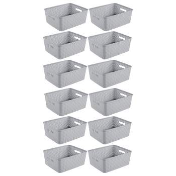 Sterilite 14'' x 11.5'' x 5'' Rectangular Weave Pattern Short Basket with Handles for Bathroom, Laundry Room, Pantry, & Closet, Cement (12 Pack)