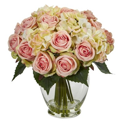 Nearly Natural 12-in Rose and Hydrangea Bouquet Artificial Arrangement
