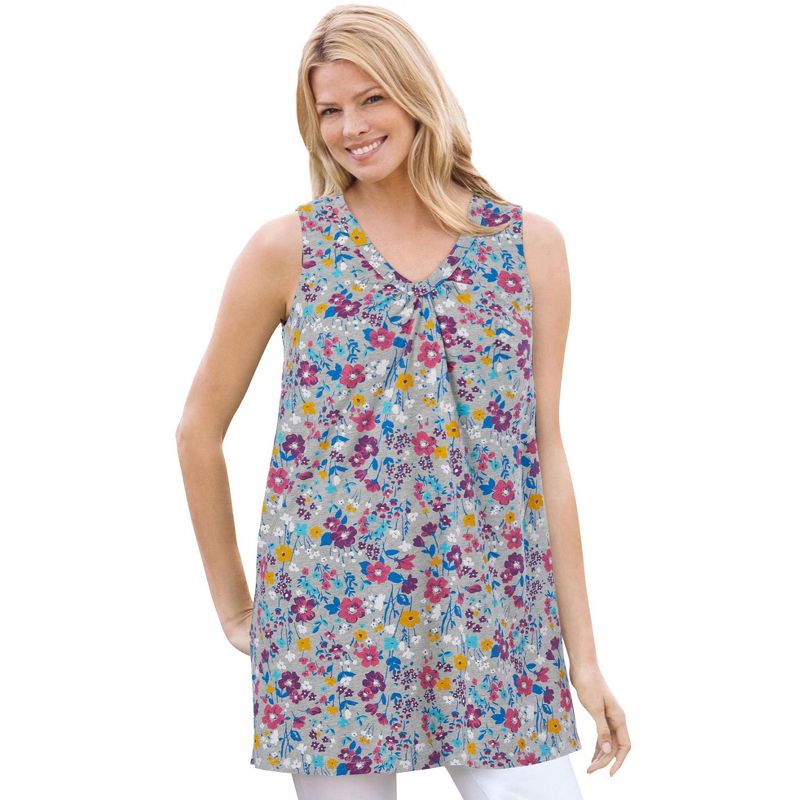 Woman Within Women's Plus Size Perfect Printed Sleeveless Shirred V-Neck Tunic, 1 of 2